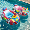 A red and blue inflatable car-shaped baby pool float with a safety seat and yellow handles floating in clear water.