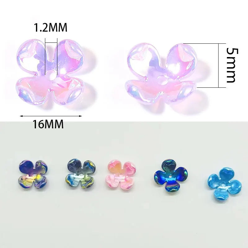 A set of 16mm four-petal flower acrylic beads in various shades of pink and blue for jewelry making.