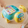 A yellow musical crawling turtle toy designed for early education and playtime with a phone feature.
