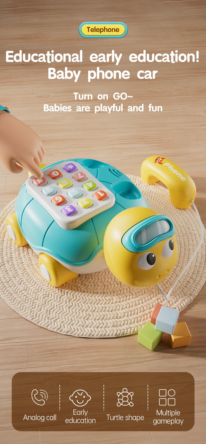 A yellow musical crawling turtle toy designed for early education and playtime with a phone feature.