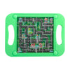 A bright green plastic maze board with a winding path and start and arrival points.