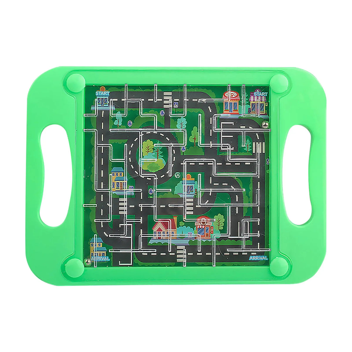 A bright green plastic maze board with a winding path and start and arrival points.