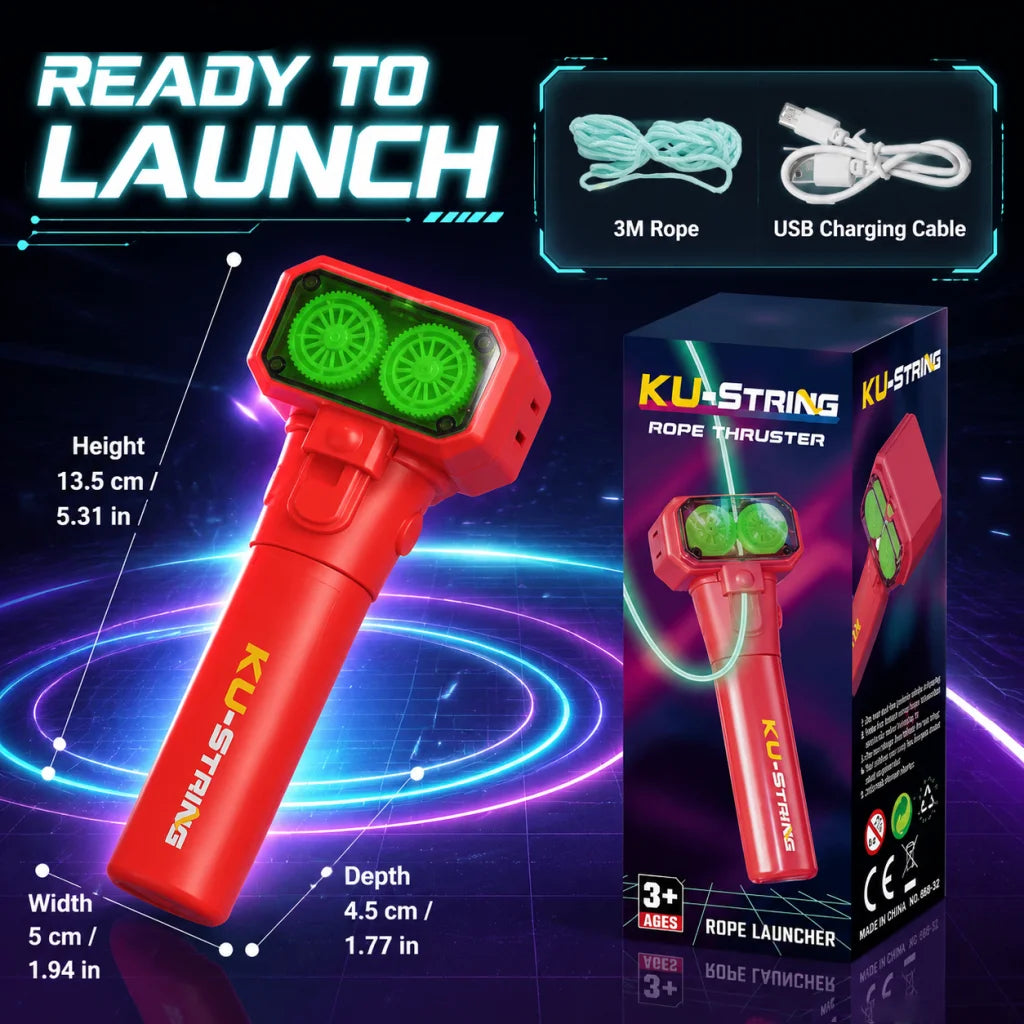Red glow-in-the-dark rope launcher with flashing LED lights and accessories