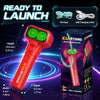 A red glow-in-the-dark rope thruster launcher with flashing LED lights and accessories displayed on a box.