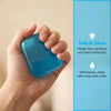 A hand holds a translucent blue ice cube squishy stress toy next to text describing it as safe and clean.