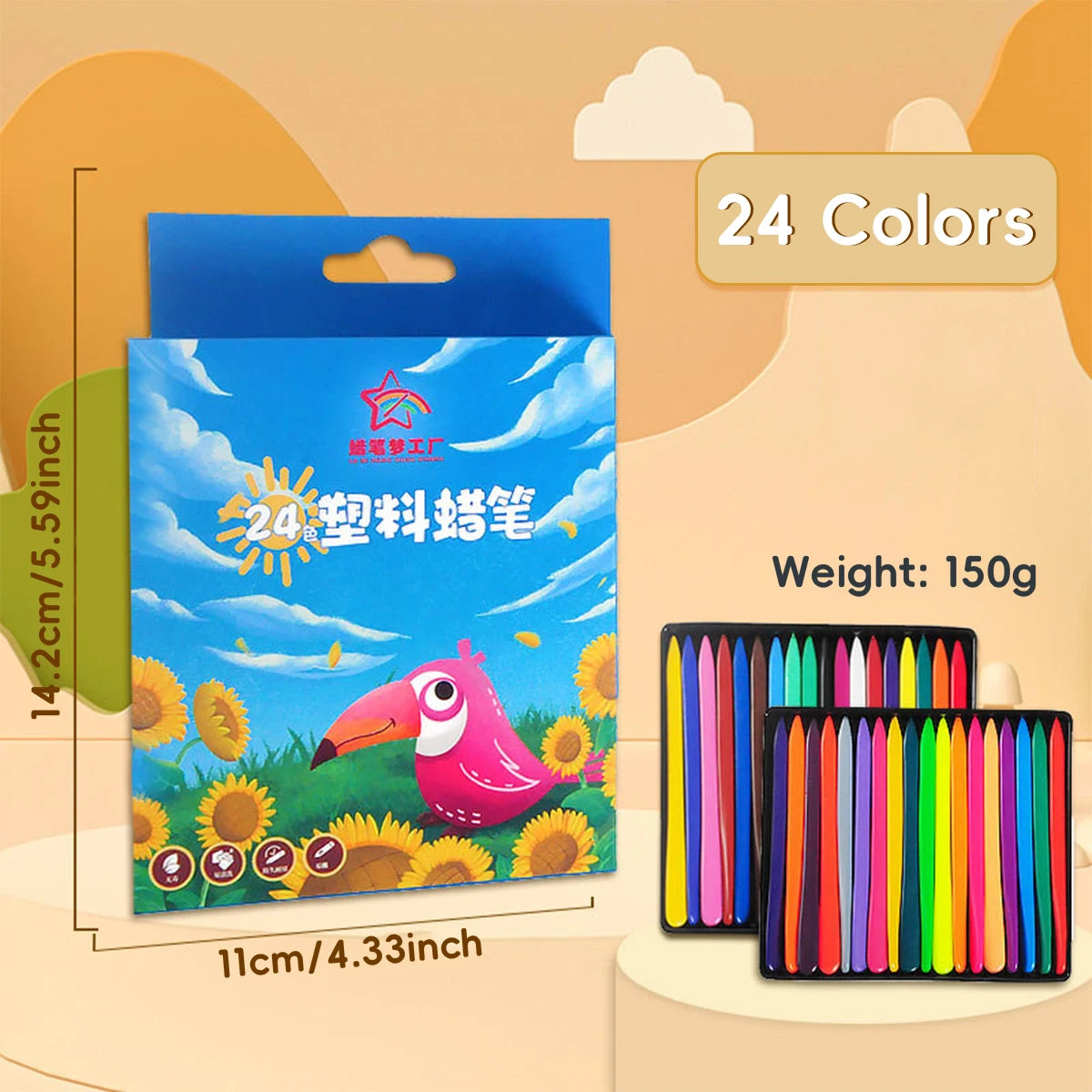 A box of 24 colored crayons with triangular grips is shown next to a set of individual crayons.
