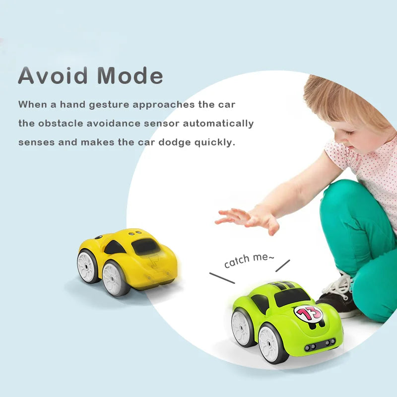 A yellow toy car is shown near a green toy car, illustrating an obstacle avoidance feature.