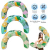 A green and yellow patterned inflatable U-shaped swim ring with neck and back support features include thickened design and i