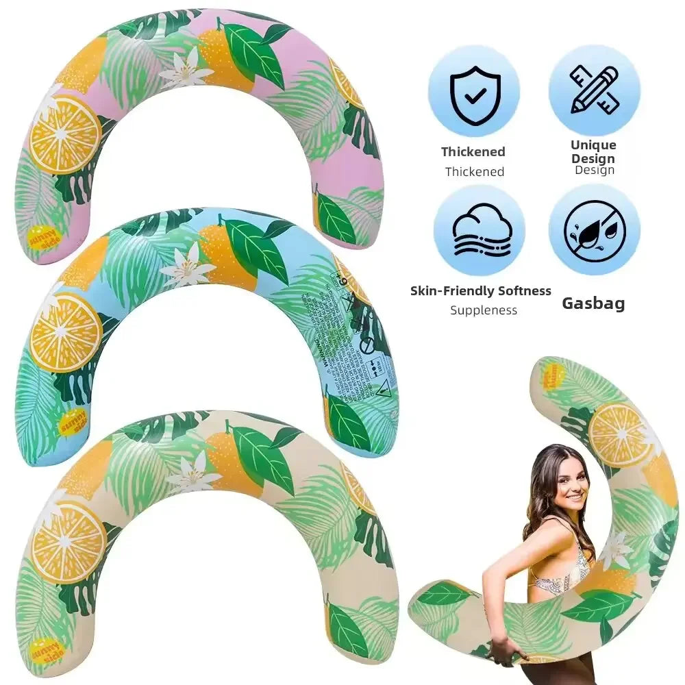 A green and yellow patterned inflatable U-shaped swim ring with neck and back support features include thickened design and i