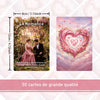 A card titled La Romance featuring a couple in a garden setting and a large heart surrounded by pink roses.