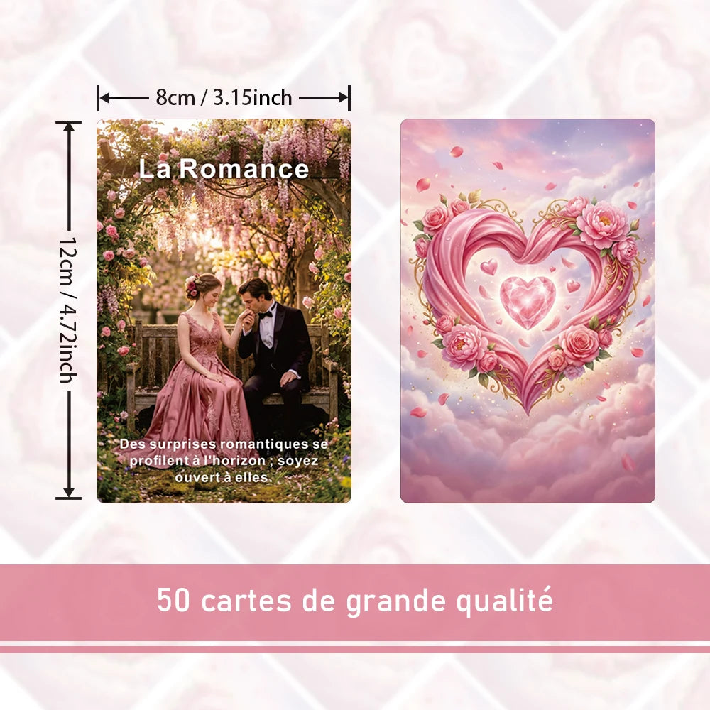 A card titled La Romance featuring a couple in a garden setting and a large heart surrounded by pink roses.