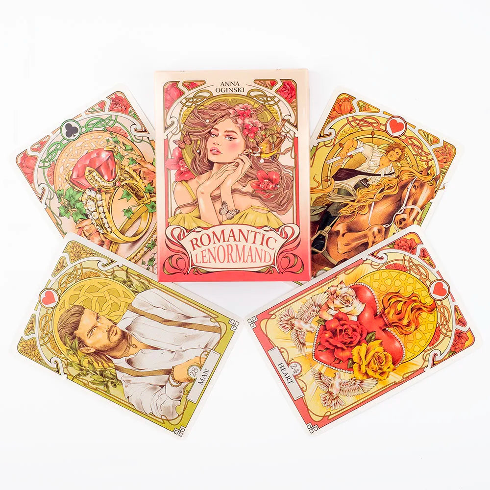 A set of Romantic Lenormand Tarot cards featuring illustrations of romantic themes and figures.