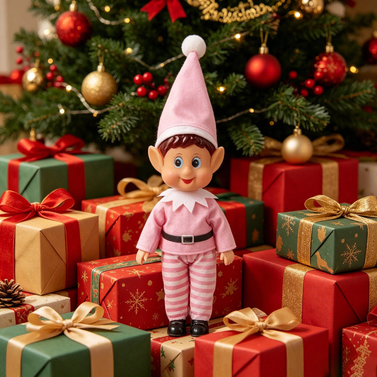 A plush elf toy dressed in pink and white, standing in front of wrapped Christmas gifts and a decorated Christmas tree.
