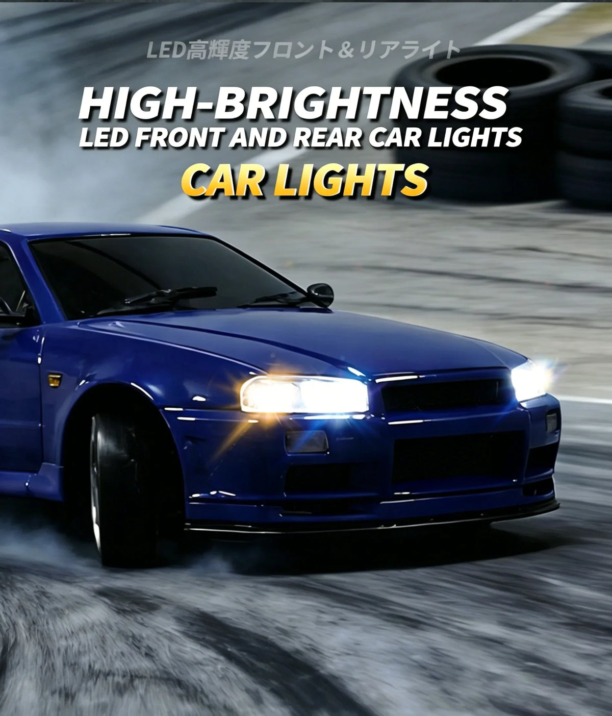 A blue Nissan Skyline R34 drift car with bright LED headlights driving on a road.
