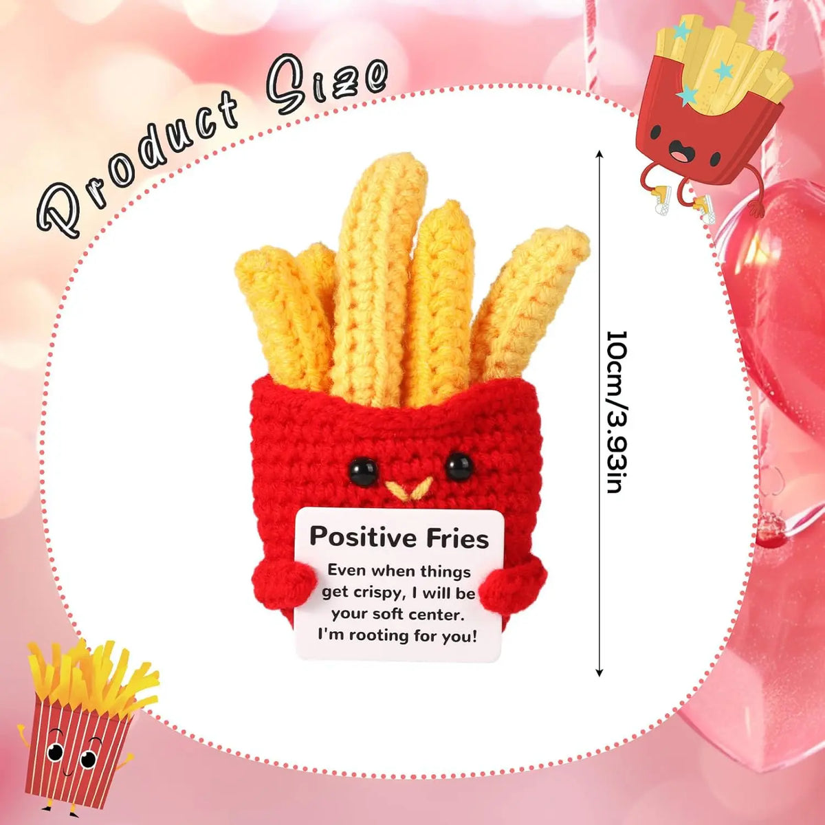 Handmade crochet positive fries in a red alien pocket with a pink background.