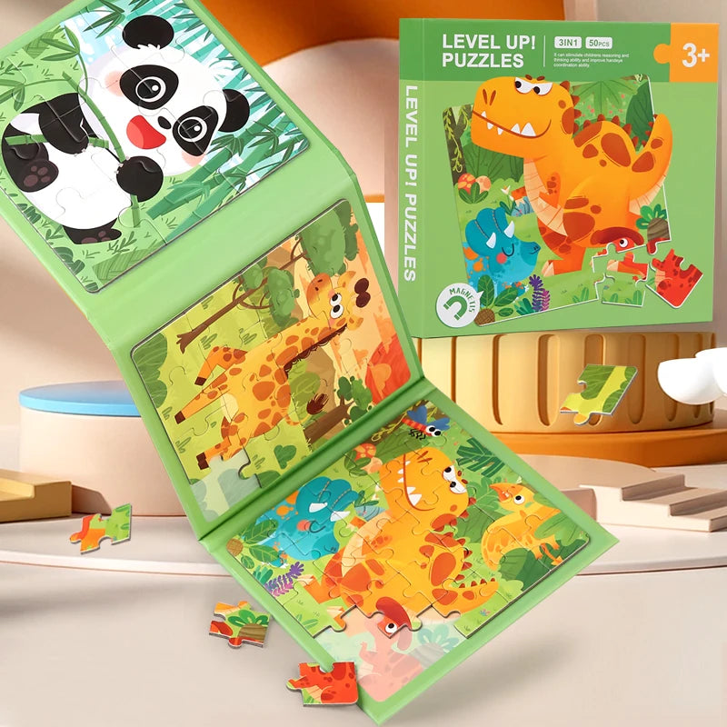 A green magnetic jigsaw puzzle featuring animals like pandas and tigers, designed for early learning.