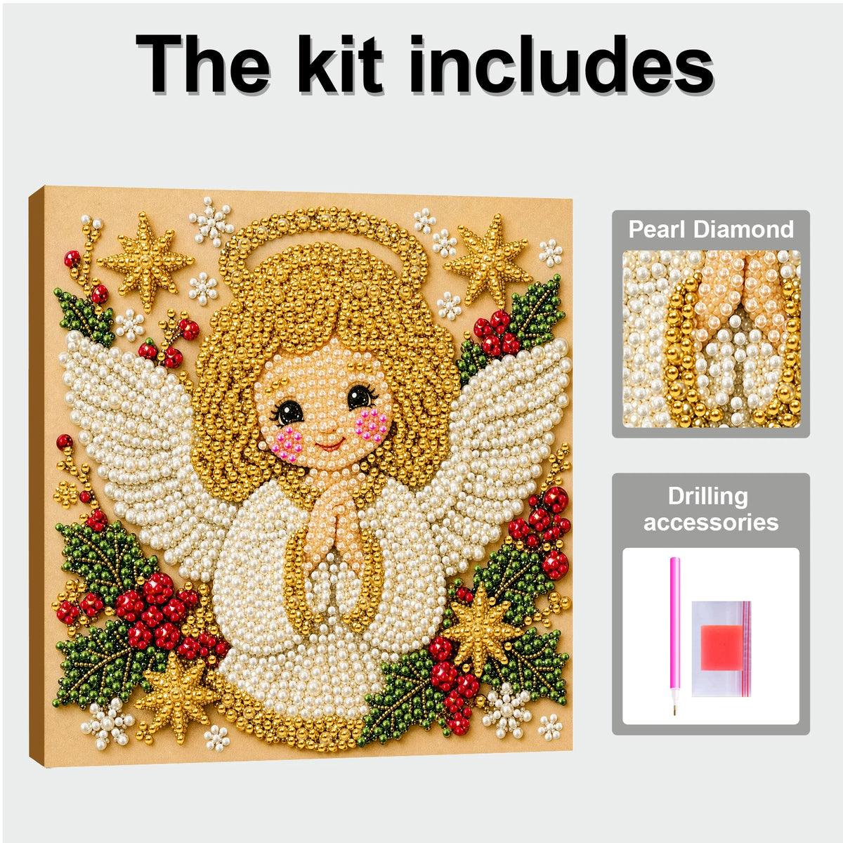A kit for pearl diamond painting featuring a golden angel design with various embellishments and drilling accessories.