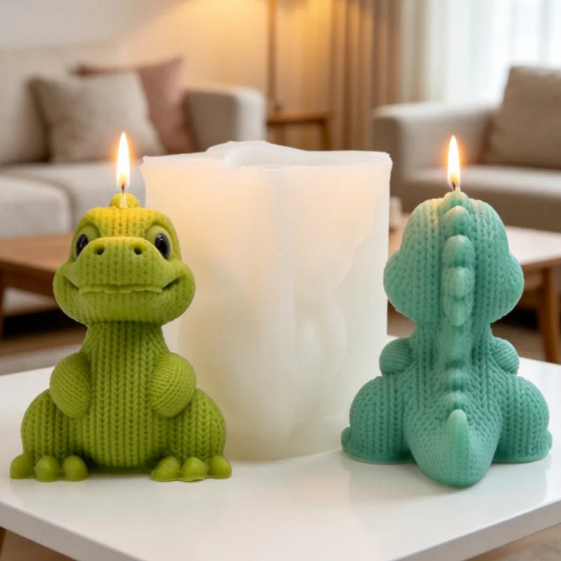 3D Knitted Dinosaur Silicone Candle Mold – Cute Sitting Dino Design for DIY Crafts