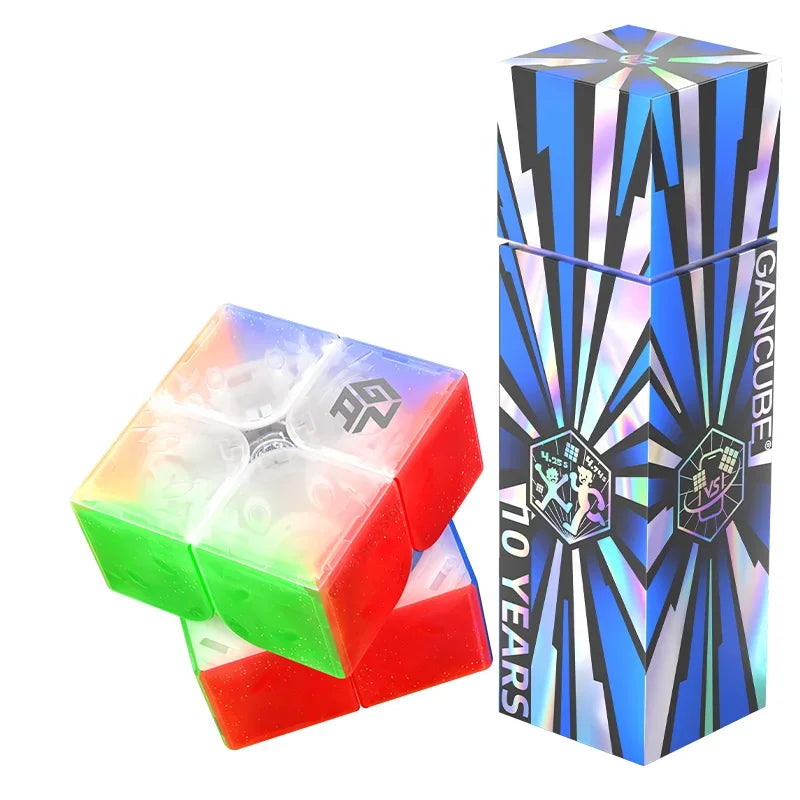 A set of ten magnetic speed cubes in various colors including green, red, and clear, packaged in a blue box.