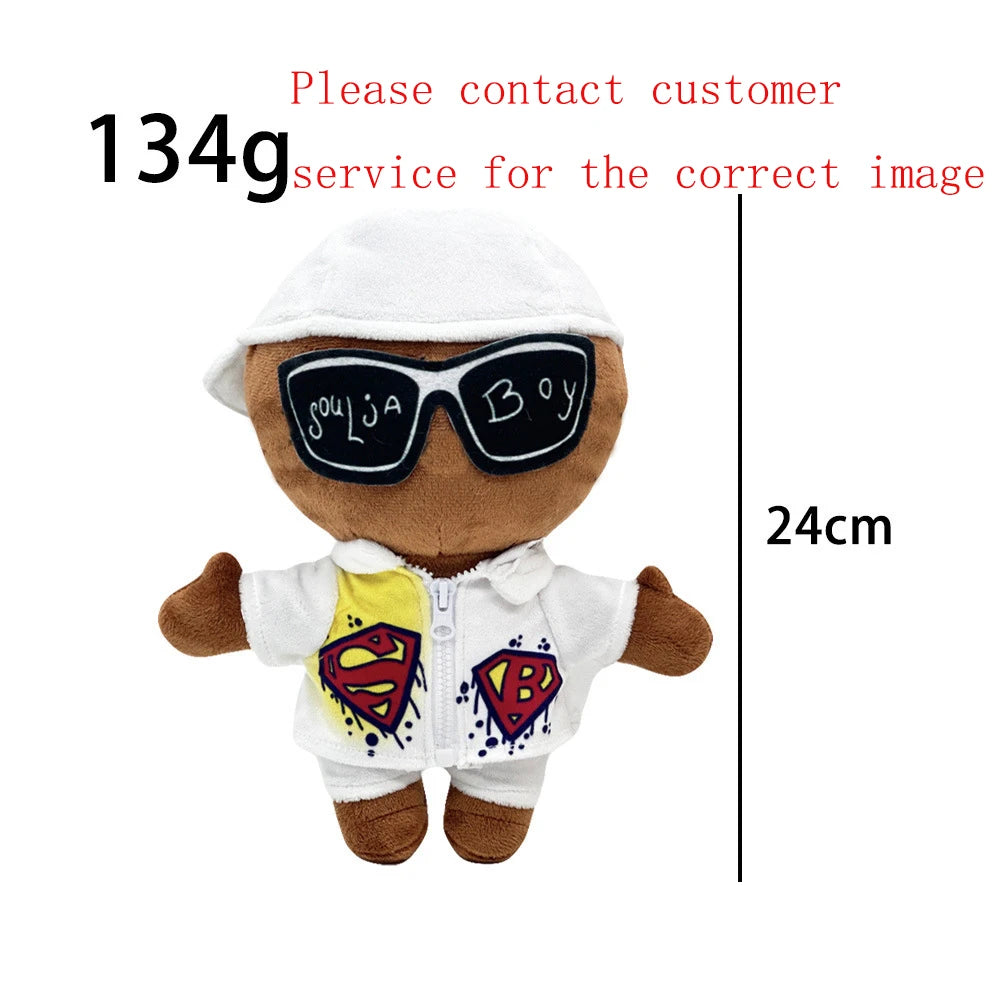 A plush doll resembling a superhero with a white hood and a white shirt featuring emblems of Eminem, XXXTentacion, and Frank 