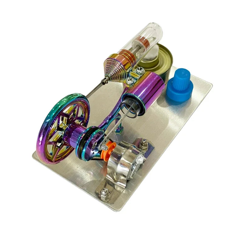A miniature Stirling engine model featuring a light bulb and colorful metal components.