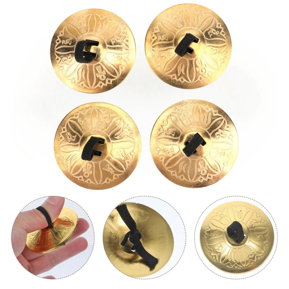 Four gold-colored mini copper finger cymbals shown in various views and a hand for scale