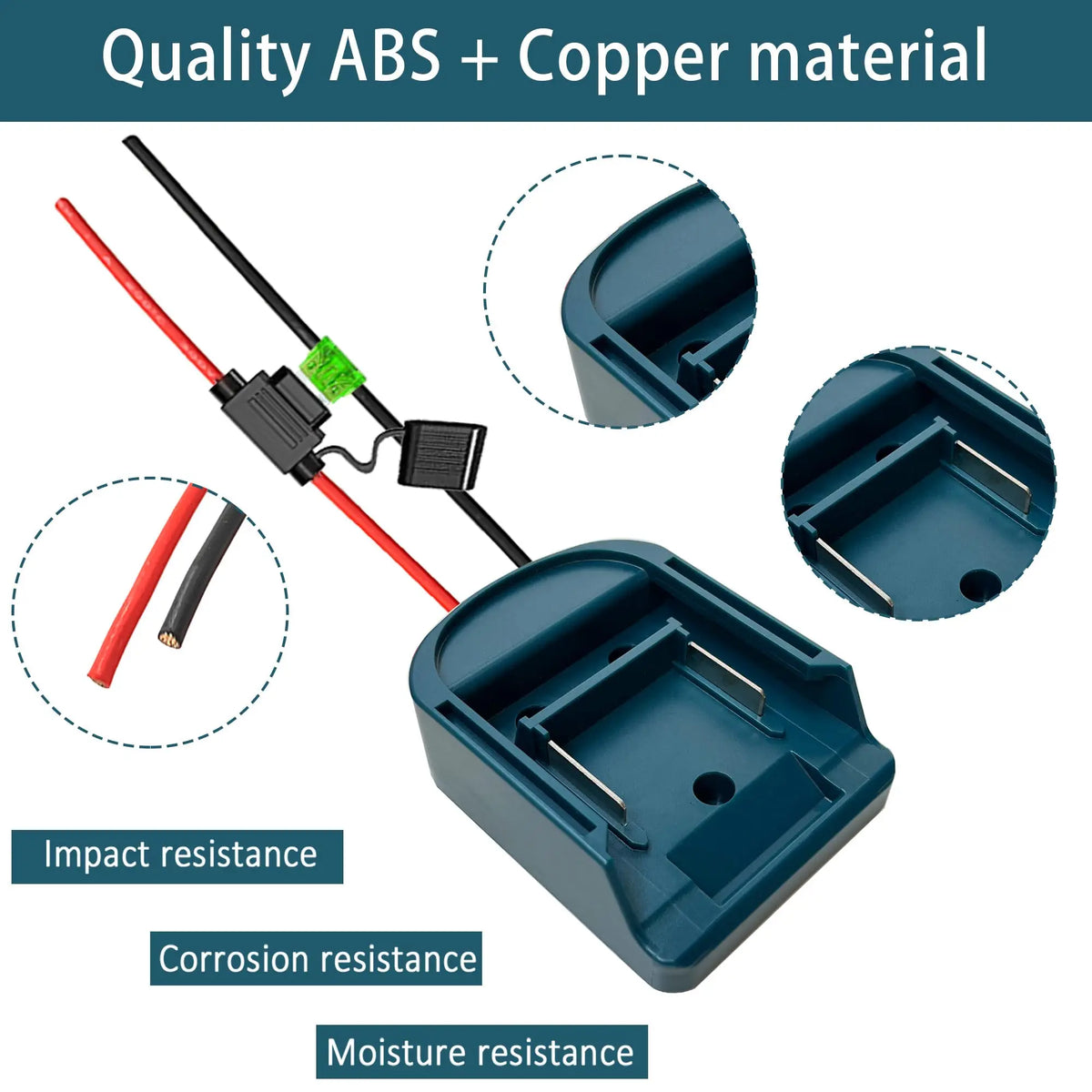 A teal battery adapter with a switch and fuse, showing its impact, corrosion, and moisture resistance features.