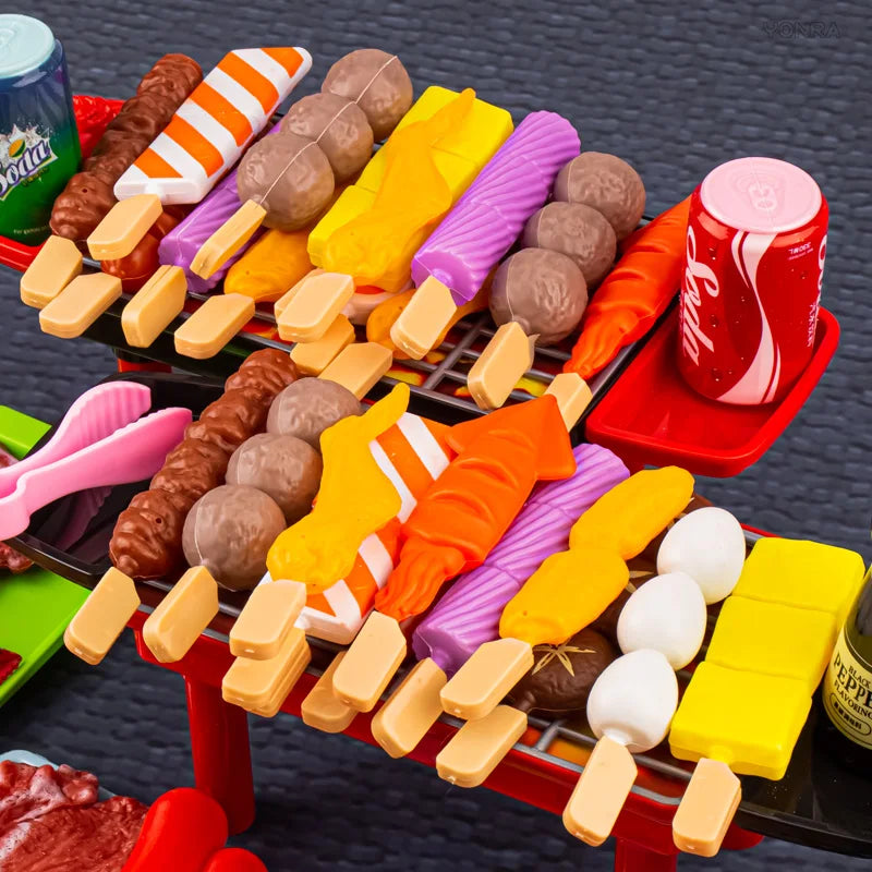 A colorful assortment of mini barbecue food items like sausages, cheese, and vegetables arranged on a red tray.