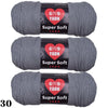 Three skeins of gray Super Soft yarn labeled GVD YARN are shown rolled up.