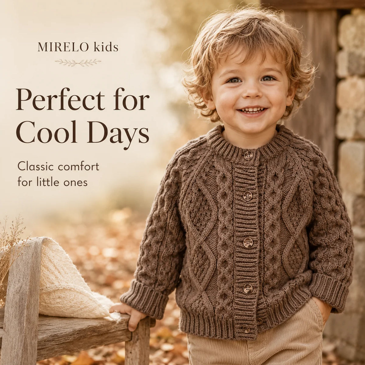 A smiling young boy wearing a brown knit cardigan sweater outdoors on a wooden bench.