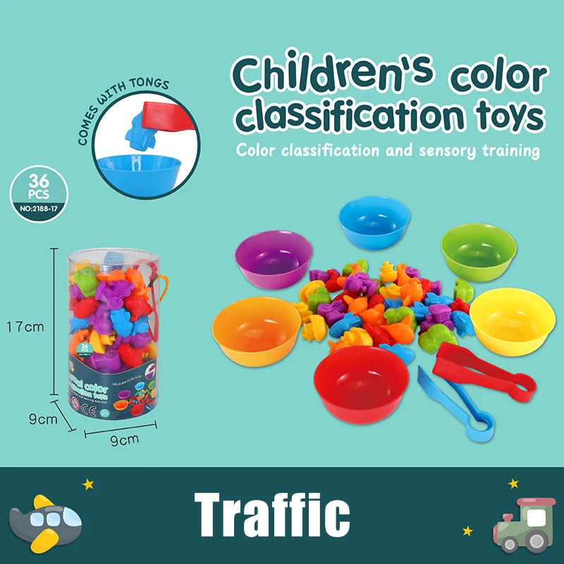 Children's color classification toys including cups and tongs for sensory training