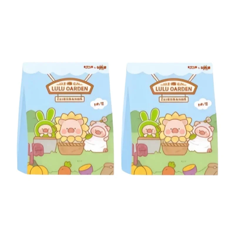 A blind box collectible figurine of Lulu the Piggy Garden series featuring a yellow flower and a small pink creature.
