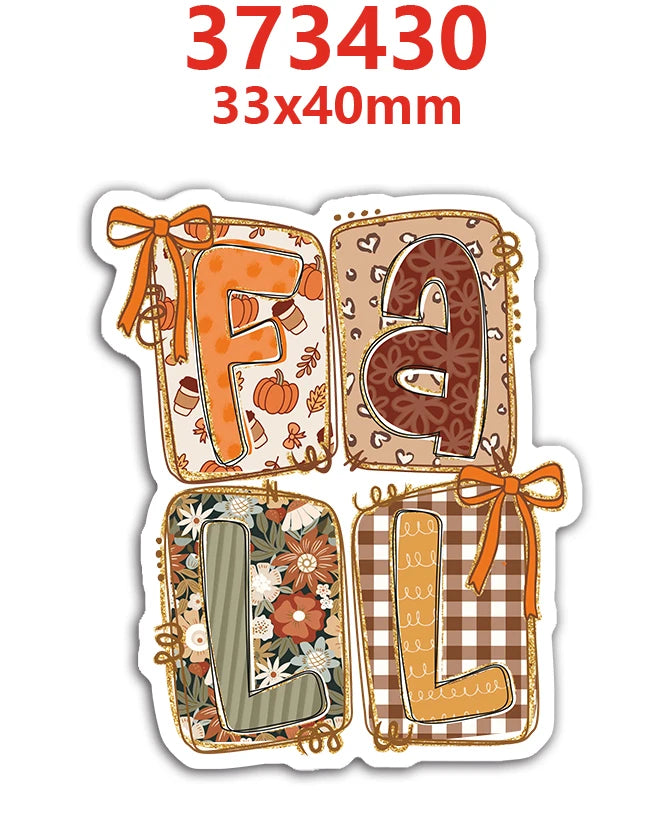 A set of three flatback resin letters F, A, and L with autumn pumpkin and floral designs.