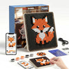 A smart bead board with pixel art design and a smartphone showing an app interface.