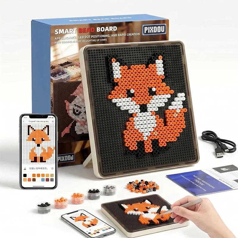 A smart bead board with pixel art design and a smartphone showing an app interface.