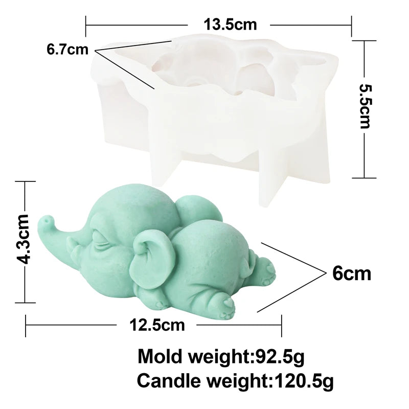 A white silicone mold shaped like an elephant, shown next to a finished light green candle.