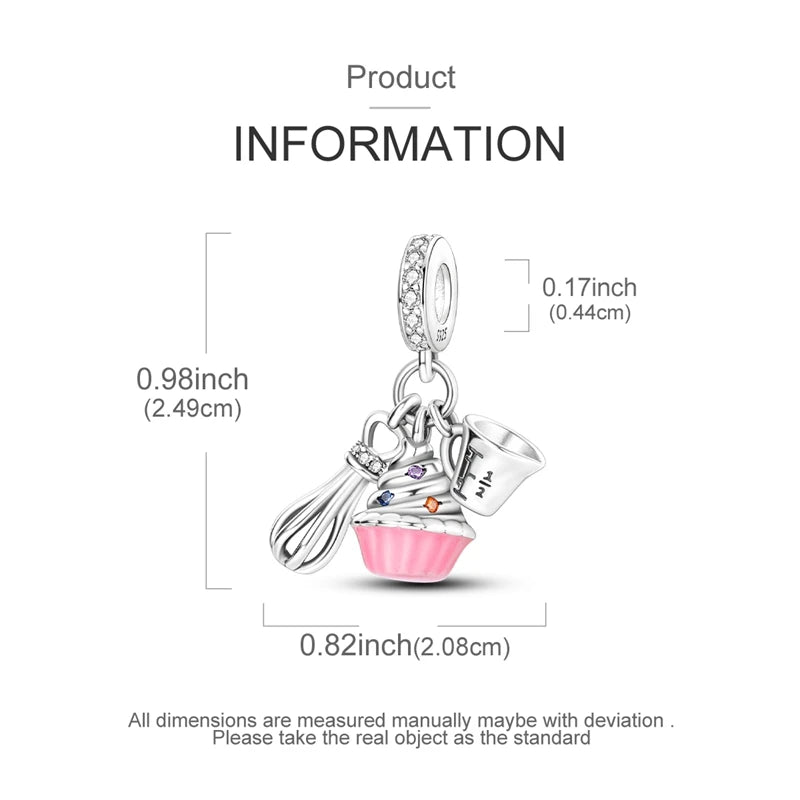 A silver heart charm for bracelets and necklaces featuring a small pendant and a cupcake design.
