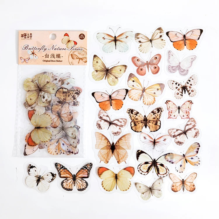 A set of colorful butterfly stickers in a clear plastic pouch for scrapbooking and journaling