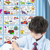 A child is drawing on a sheet of white paper with colored pencils and a roll of sticky coloring paper.