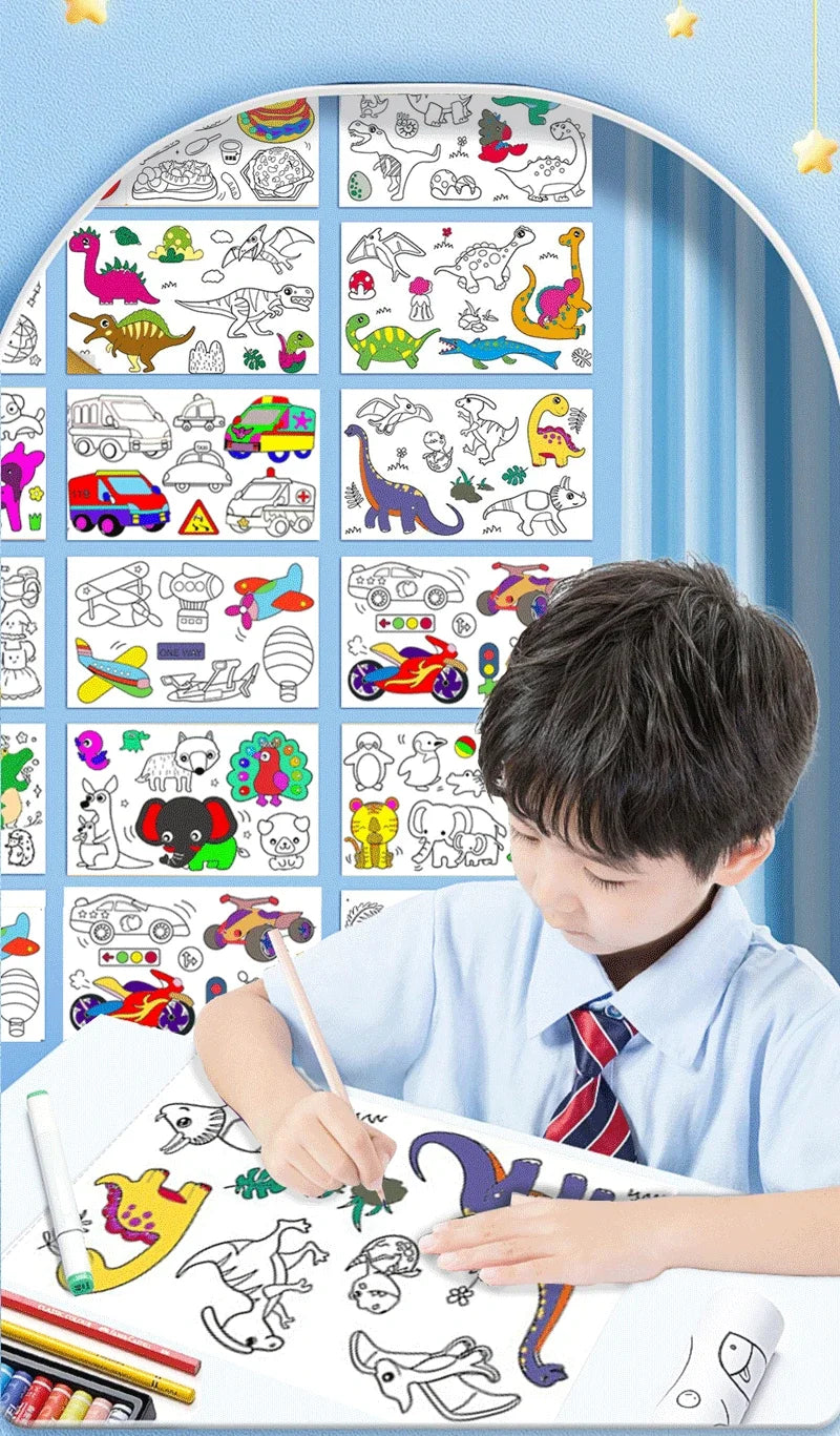 A child is drawing on a sheet of white paper with colored pencils and a roll of sticky coloring paper.