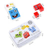 A set of wooden face-changing cubes puzzle game for kids showing various facial expressions and colors.