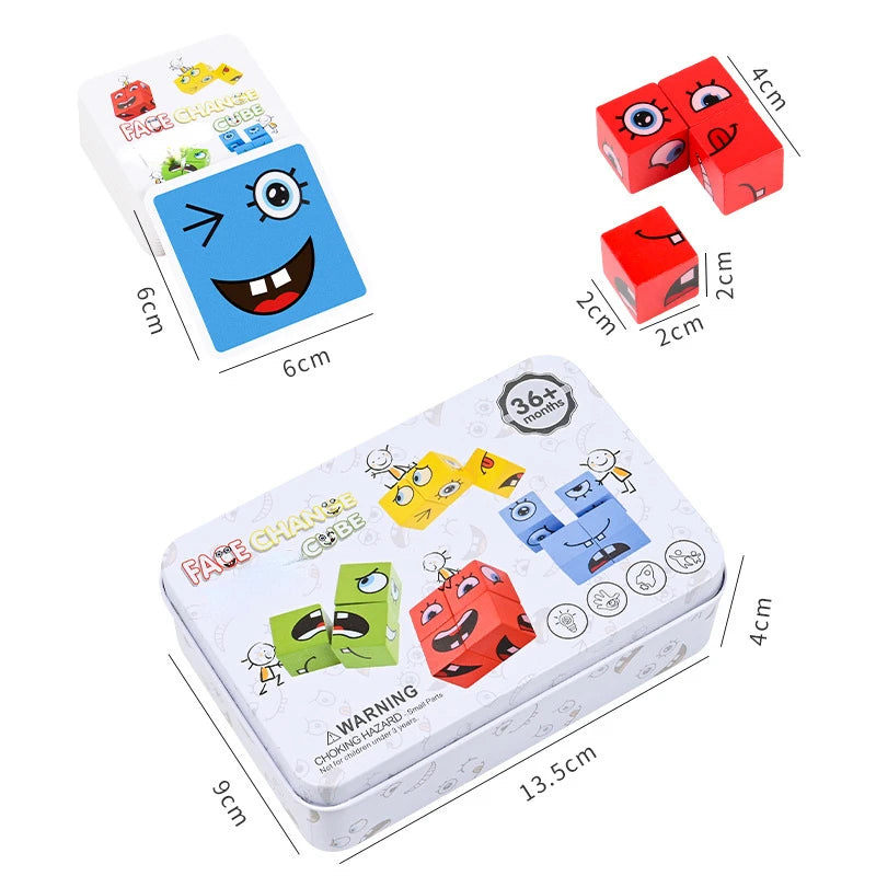 A set of wooden face-changing cubes puzzle game for kids showing various facial expressions and colors.