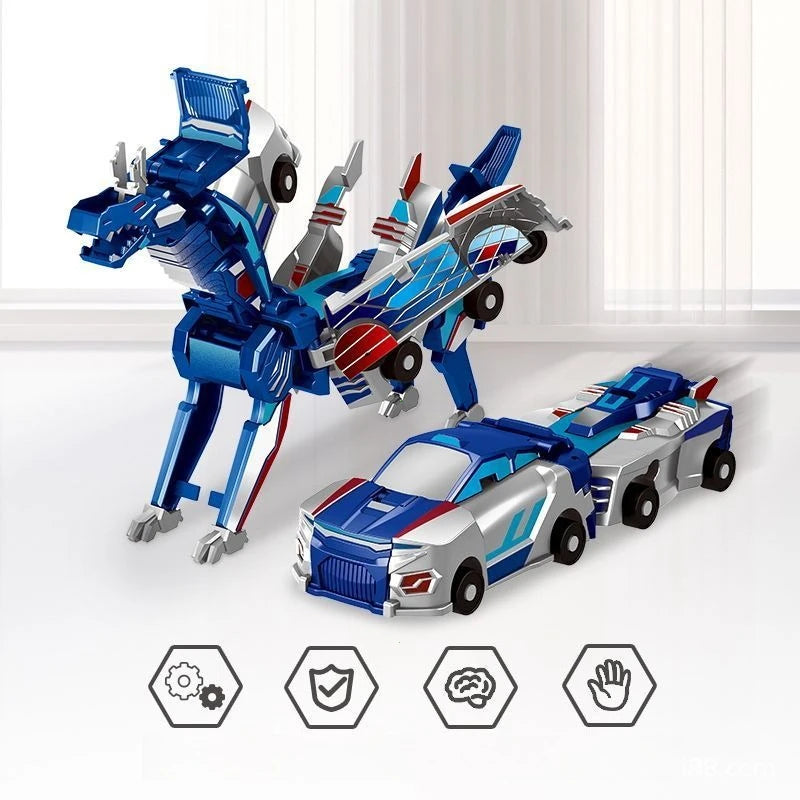 A blue and silver 2-in-1 transforming dinosaur car set with magnetic connectors shown in a studio setting.
