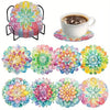 An 8-piece diamond painting coaster kit featuring colorful floral designs and a metal holder.