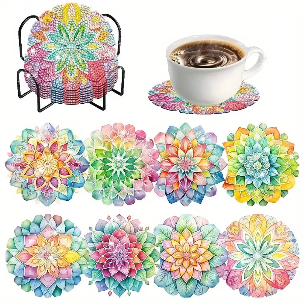 An 8-piece diamond painting coaster kit featuring colorful floral designs and a metal holder.