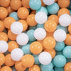 A close-up view of a large pack of colorful plastic balls in shades of orange, yellow, and light blue.