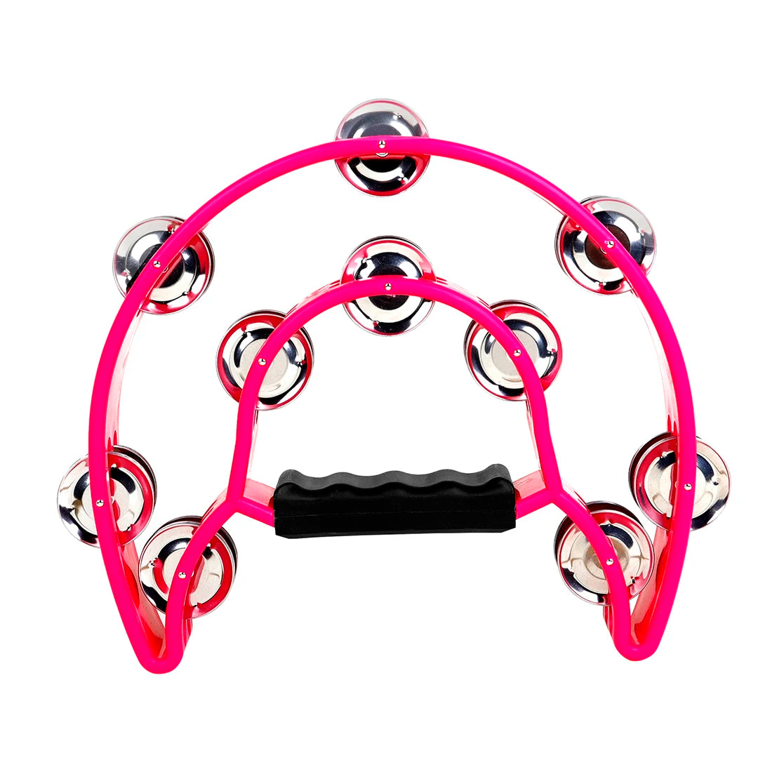 A pink double-layer tambourine with metal bells for kids, shown against a white background.