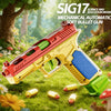 A yellow and red mechanical automatic soft bullet gun toy is shown in a forest setting with natural elements.