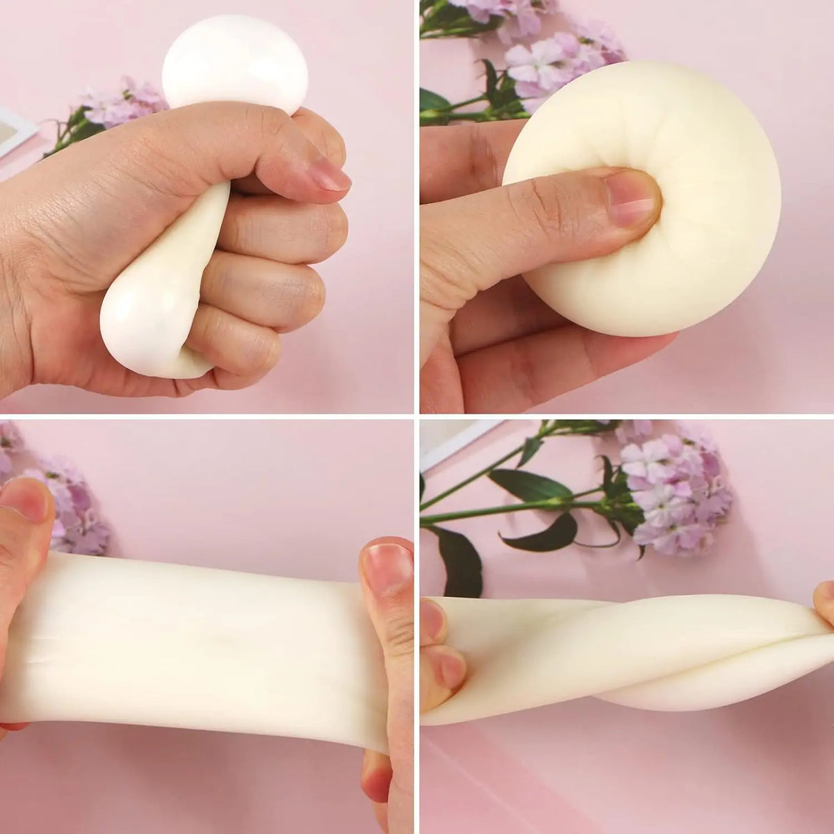 Close-up shots of a white dumpling squishy stress ball being squeezed and shaped by hands.