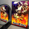 A framed poster featuring characters from Black Clover anime, including Asta and Yuno, with a fiery background.